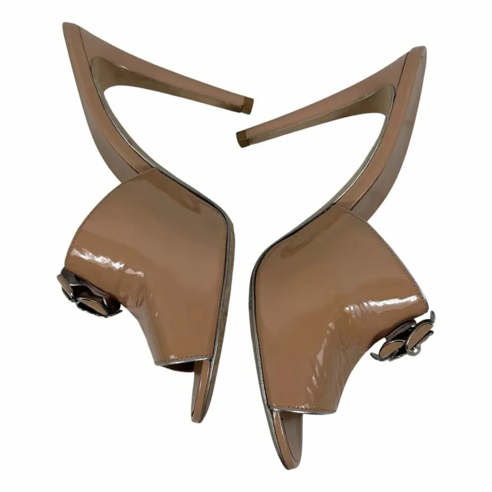 Chanel Camellia CC Logo Patent Leather Mule Sandal Beige Size 37.5
